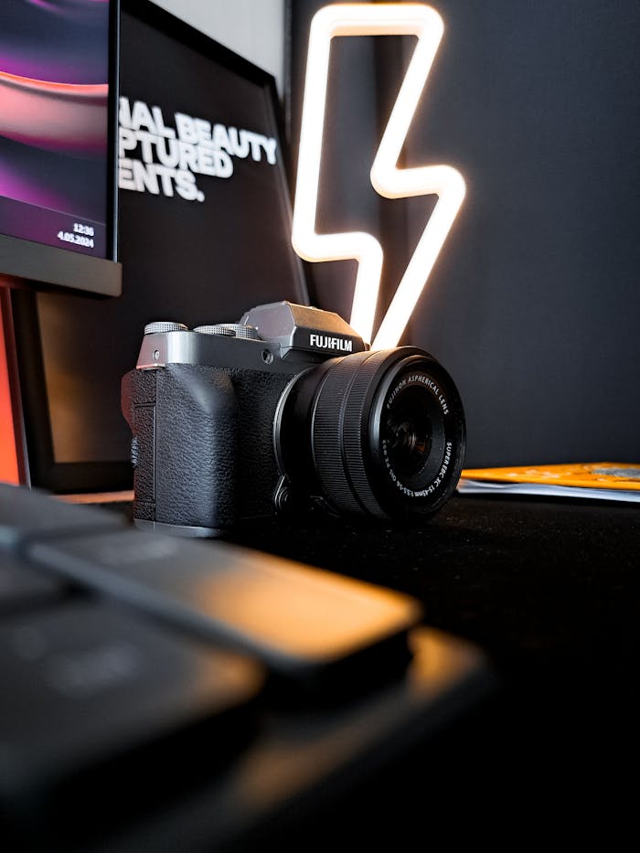 Services Stylish desk setup featuring a camera and neon lightning bolt light, perfect for tech enthusiasts.
