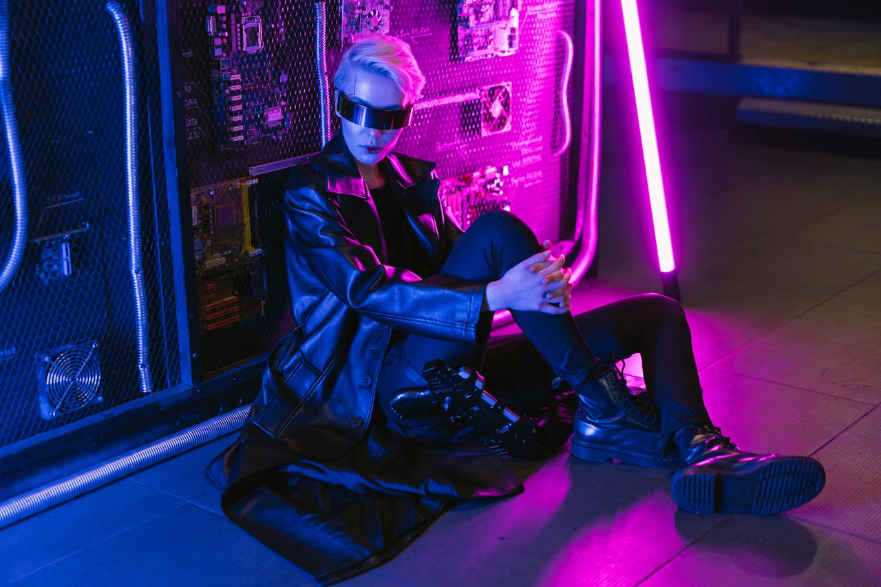 About Stylish person in cyberpunk fashion with neon lights, capturing a futuristic vibe.