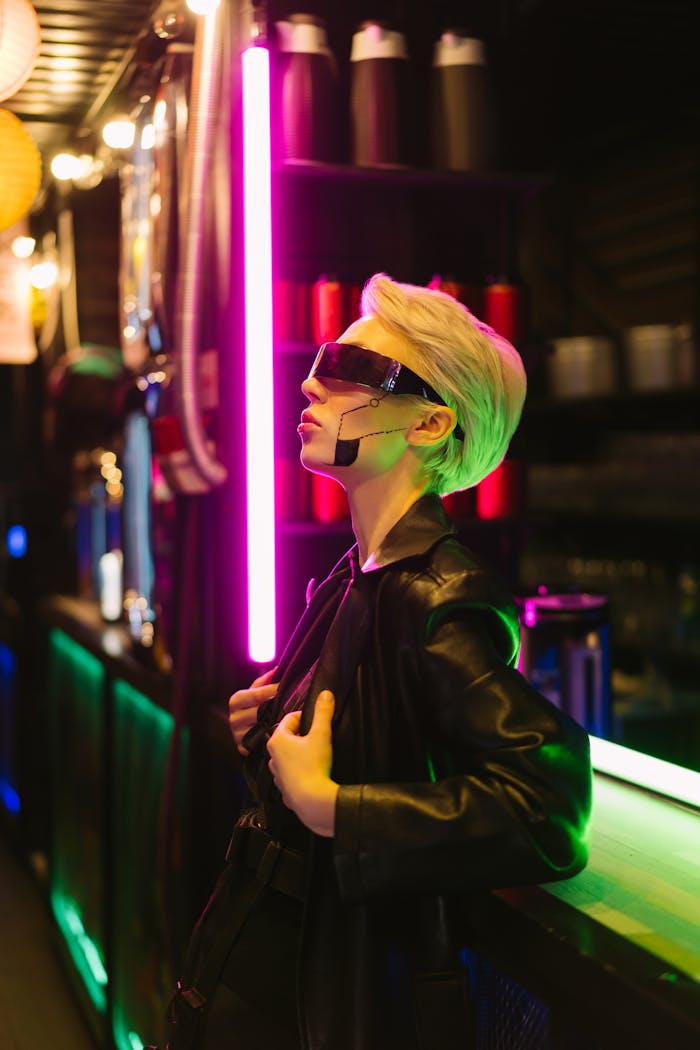 Services Stylish woman in futuristic cyberpunk attire with neon lights.